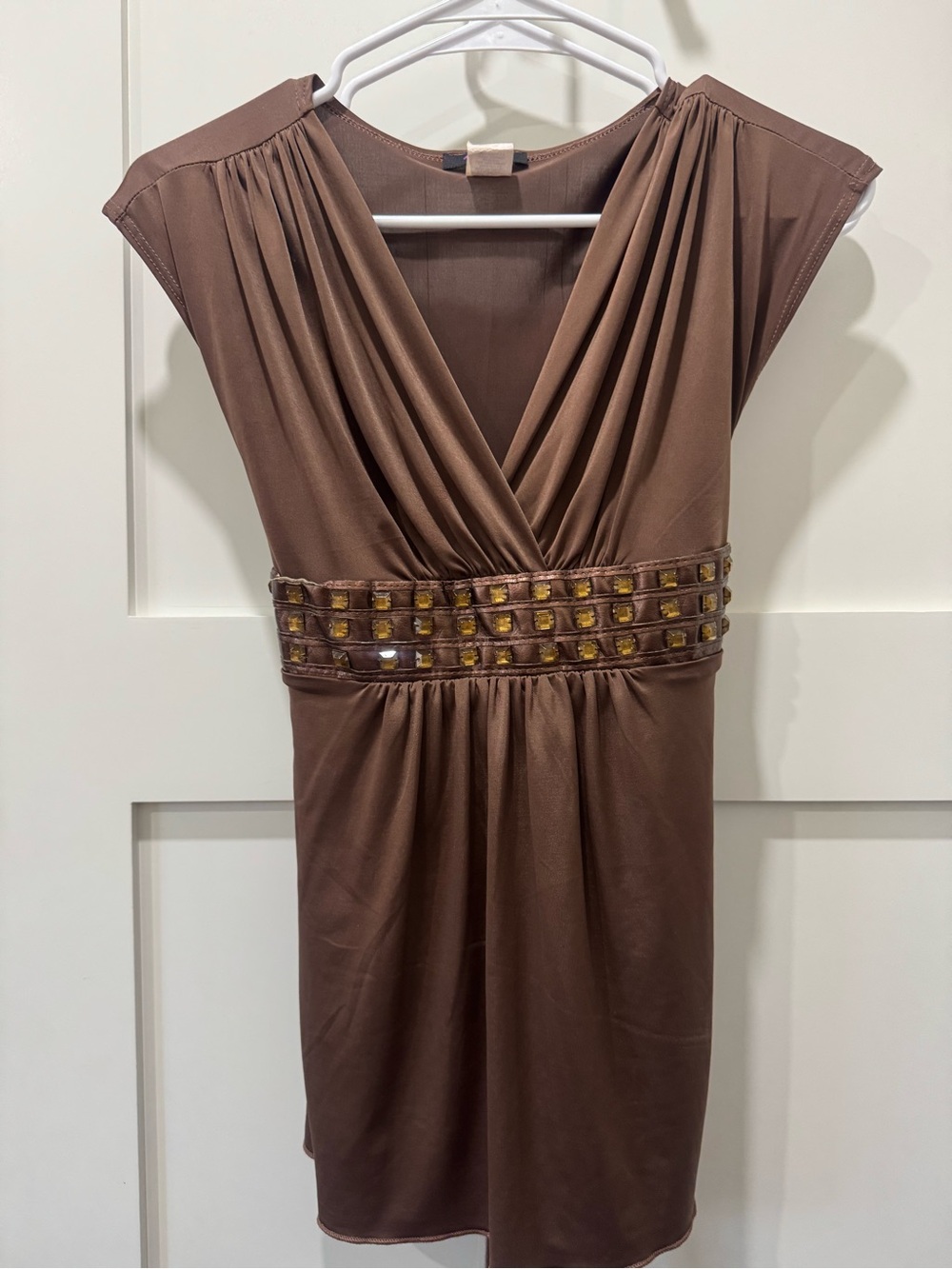 Vintage Y2K Brown Gathered Waist Women's Dress with Embellished Band Size M